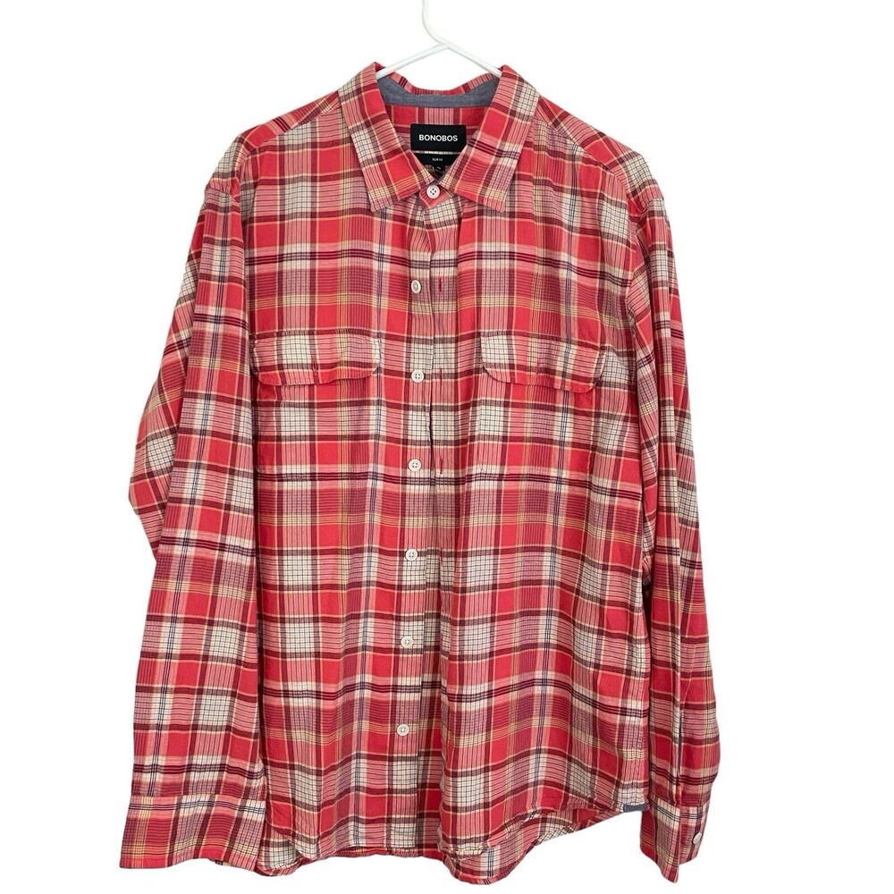 Bonobos Slim Fit Button Shirt Mens Sz XL Red Plaid Long Sleeves Casual Cotton